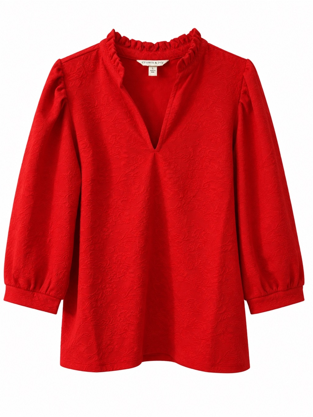Crown & Ivy Red Ruffle-Neck V-Neck Textured Blouse